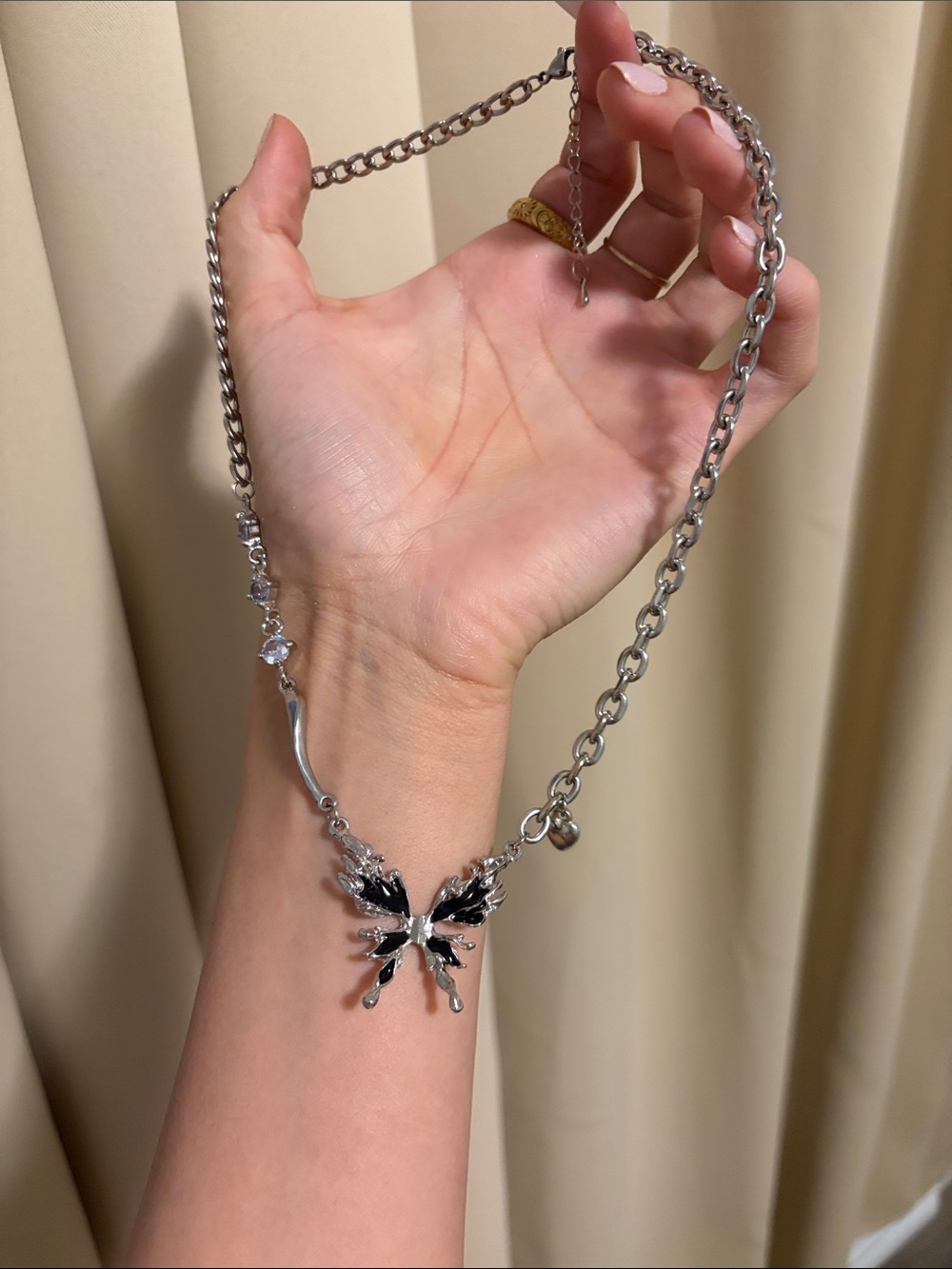Silver Butterfly Pendant Necklace with Black Enamel Accent